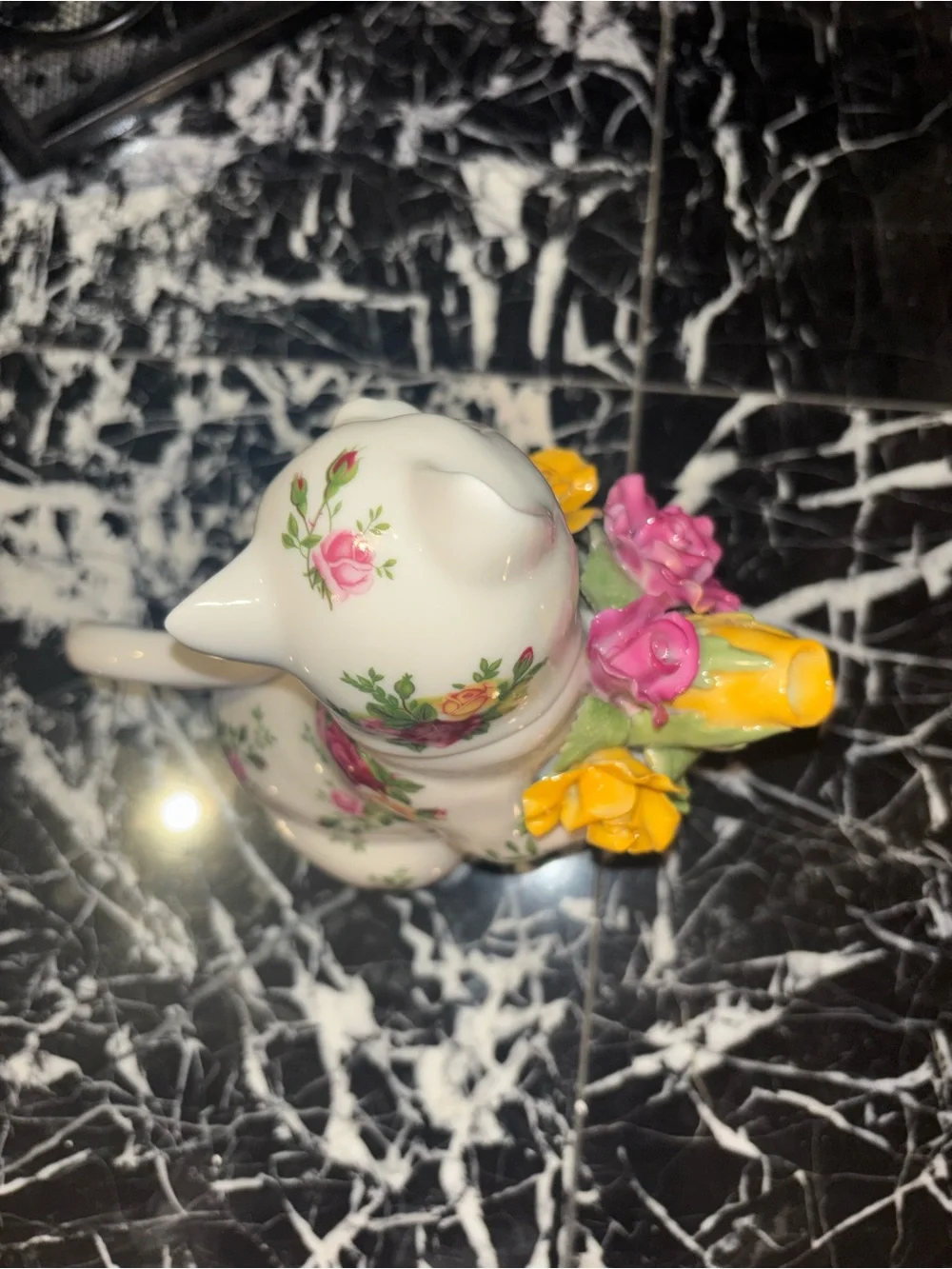 Royal Albert White Ceramic Cat Pitcher with Pink and Yellow Floral Bouquet